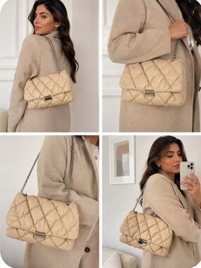H&M Quilted Beige Shoulder Bag with Silver Hardware